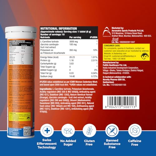 Image of Fast&Up L Carnitine 3000mg Effervescent Tablets | Triple Action L Carnitine Supplement with Garcinia Cambogia & Potassium | Fat Burner for Weight Loss | Controls Cravings I Reduces Bloating I Orange Flavour (Pack of 1)