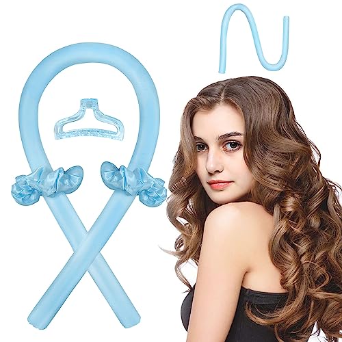 Heatless Hair Curler Rod Headband for Long Hair - No Heat Silk Ribbon Curling Rod Hair Roller Curls with Hair Clips and Scrunchie - Soft Foam Hair Rollers Styling Tool for Sleep Blue