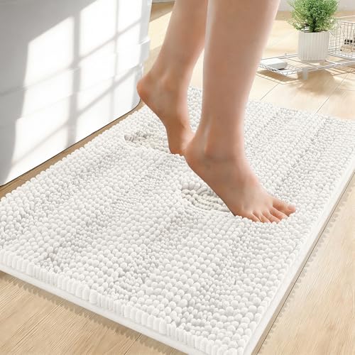 Image of OLANLY Thick Small Bathroom Rugs 24x16, Extra Soft Absorbent Chenille Striped Bath Rugs, Rubber Backing, Machine Wash, Bath Mats for Bathroom Floor, Tub and Shower, Home Decor Accessories, Ivory