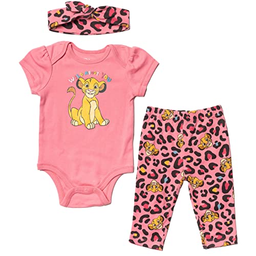 Image of Disney Pixar Toy Story Lion King Minnie Mouse Baby Girls Bodysuit Pants and Headband 3 Piece Outfit Set Newborn to Infant