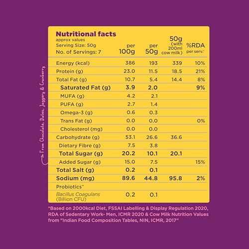 Image of Yogabar High Protein Muesli 350g | 23g Protein per 100g | With Probiotics | Easy on gut | Choco Almond +cranberry | Protein Snack | High Fiber Food | Breakfast Cereal