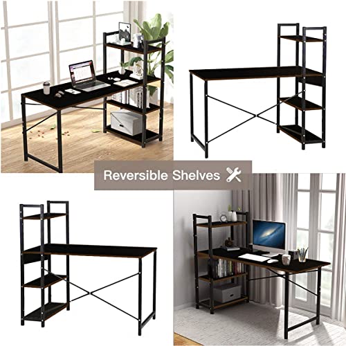 Image of Kawachi Wooden Laptop Computer Desk Study Table with Book Shelf and Storage Wenge Black
