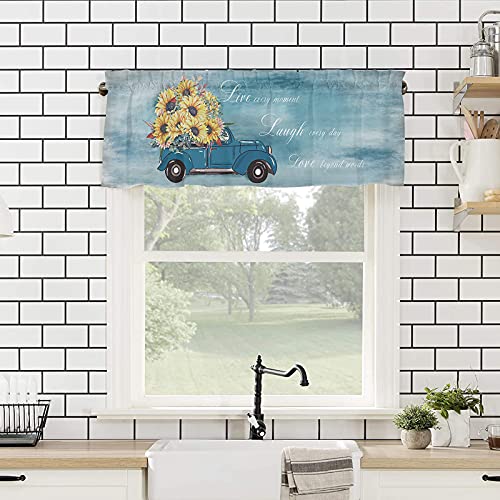 Farm Sunflower Truck Valance For Windows Kitchen Short Curtain Vintage Blue Grey Rod Pocket Curtain Valances, Oil Painting Texture Window Treatments For Living Room Bedroom Bathroom Bathroom Decor #TOP3