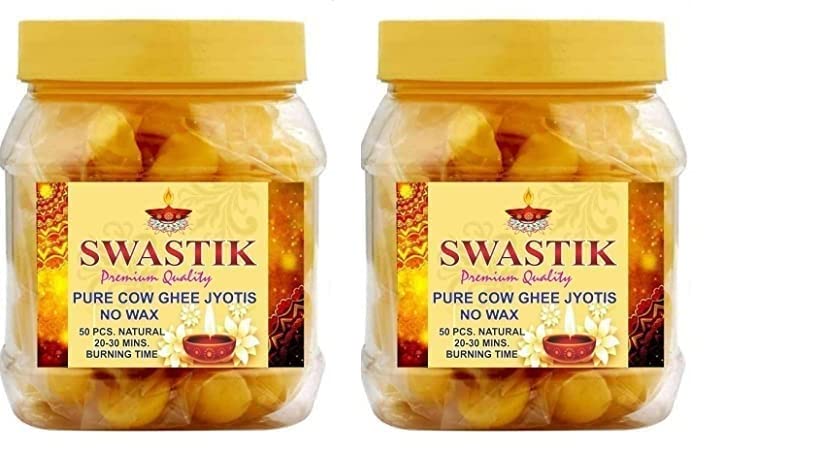 Swastik Wax Free Pure Cow Ghee Diya for Puja and Special Occasions, Ghee Wicks/Readymade Ghee Cotton Wicks/Diya Batti/Puja Batti/Jyot Batti for Diwali Pooja,Set of 50 Piece (Pack of 1)