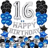 🎈EL PAQUETE INCLUYE: Globos de papel de aluminio de 40 pulgadas, juego "16", globos de pancarta "FELIZ CUMPLEAÑOS" de 16 pulgadas, globos de estrella de mylar de 6 pulgadas y 18 pulgadas (azul: 2 piezas de negro: astilla de 2 piezas: 2 piezas), 60 piezas de globo de látex de 12 pulgadas (azul: 24 piezas de negro) : Astilla de 24 piezas: 12 piezas), cinta de color de 10 m (2 rollos) y 1 pegamento de puntos de globo (100 piezas).