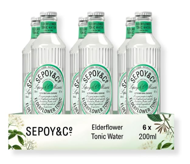SEPOY & CO. Elderflower Tonic Water, Premium G&T Cocktail Mixer, Flavoured Tonic Water, Low Cal, Less Sugar, Sparkling, 100% Natural Ingredients, Pack of 6 X 200ml