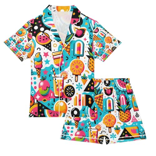 senya Colorful Summer Ice Cream Satin Summer Pajama Sets Silk Short Sleeve Button Down Sleepwear