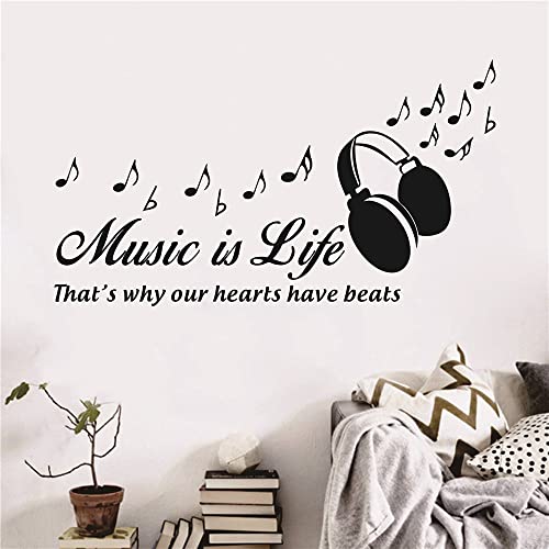 Removable Vinyl Music Wall Decal Heaphone Music Notes Home Decoration Motivate Quote Music Is Life Bedroom Home Decor Mural Tm-116 (Black) #TOP3