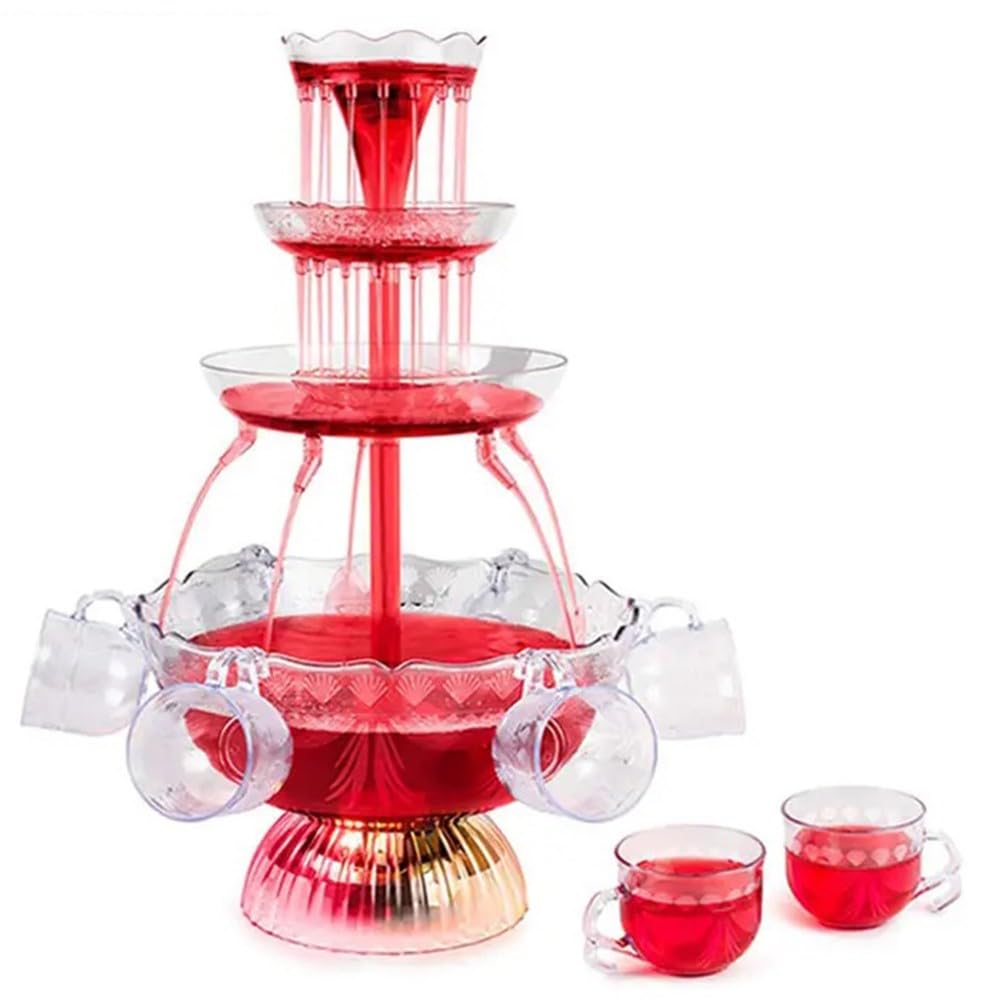 Fotrsta 3-Tier Tower Drink Dispenser, 1.5-Gallon Punch Fountain with LED Lighted Base, Includes 5 Reusable Cups, Cocktail Red