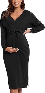 Liu & Qu Vestido de lactancia de maternidad con cinturón, manga larga, cuello en V, vestido de lactancia para baby shower