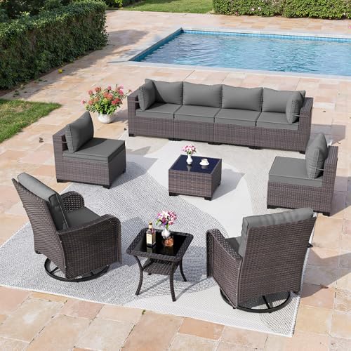 Image of 10 Pieces Outdoor Patio Furniture Set,Outdoor Sectional Furniture All Weather PE Rattan Wicker Patio Conversation Set with Coffee Table,Swivel Rocking Chairs Set,Grey