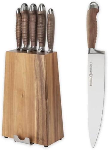 Mundial Nobilis Series - Juego de 6 cuchillos con mango de madera y cuchillas de acero inoxidable y 1 bloque de madera con soporte para tableta