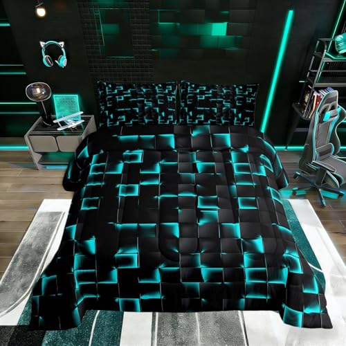 Image of Erosebridal Neon Black Teal Boys Comforter Set Full Geometric Checkered Turquoise Bedding Set for Kids Teen Men Gaming Room Decor,Abstract Ombre Plaid Comforter Grids Quilt Duvet
