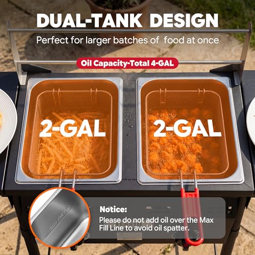 Image of Feasto Outdoor Propane Deep Fryer with Rolling Cart, Dual Tank Fish Fryer | 2 Independent Burners, 100,000 BTU, 4-Gal Oil Capacity, Frying Station with Baskets for Fish, Fries & Chicken