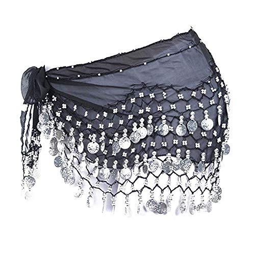 Preisvergleich Produktbild URSING Mode Bauchtanz Hüfttuch Wickelgürtel Tribal Schärpe Rock Silber 128 Münzen Professionelle Bauchtanz Hüfttuch / Wrap / Gürtel Münzgürtel Chiffon Rock Belly Dance Bauchtanz Kostüm (Schwarz)