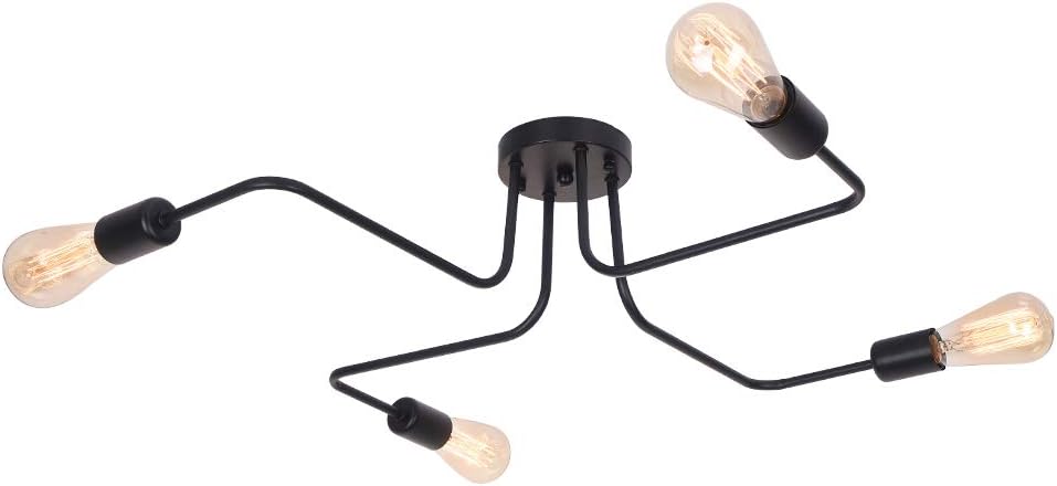 Ceiling Light Fitting, 4-Light Chandelier Lamp, Living Room Lighting Fixture, E27 Base Black for Dining Room Kitchen Bedroom