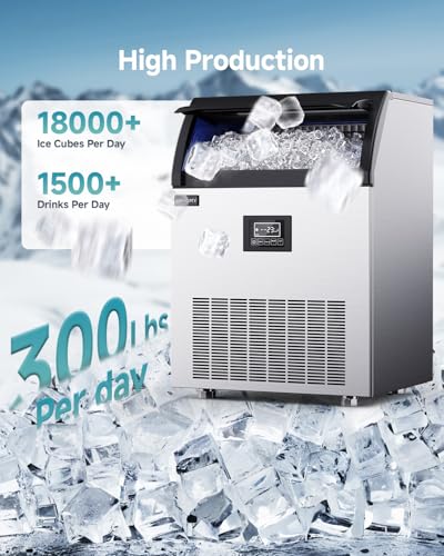 Image of EUHOMY Commercial Ice Maker,300lbs /24H,Stainless Steel Under Counter Ice Machine with Water Filter,44lbs Storage Capacity, 126 Cubes in 8-12 Mins, Freestanding Ice Machine for Home /Bar /Cafe /Restaurant