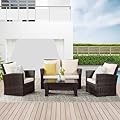 Kiss the Water 4 Piece Outdoor Patio Furniture Sets, Wicker Conversation Set for Porch Deck, Brown Rattan Sofa Chair with Cushion