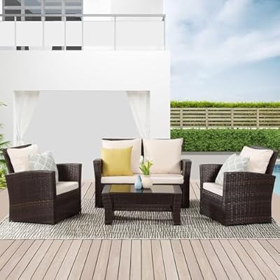 Kiss the Water 4 Piece Outdoor Patio Furniture Sets, Wicker Conversation Set for Porch Deck, Brown Rattan Sofa Chair with Cushion