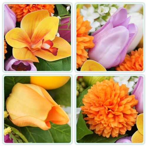 Artificial Tulip & Dahlia Table Centerpiece Lifelike Faux Flowers with Decorative Lemons & Greenery, Spring & Summer Tabletop Decor for Dining Room, Kitchen Island, Coffee Table, Weddings & Home by Soomeir - Used condition - Image 4