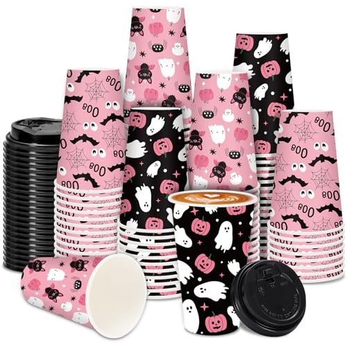 JarThenaAMCS 72 Set Halloween Disposable Coffee Cups with Lids 12Oz Cute Boo Ghost Pumpkin Bat Paper Drinking Cups for Party Coffee Bar Restaurant Business Supplies