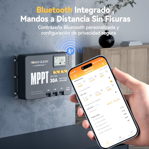 Regulador de carga solar MPPT 12V 24V 30A Power Queen Bluetooth LCD 3