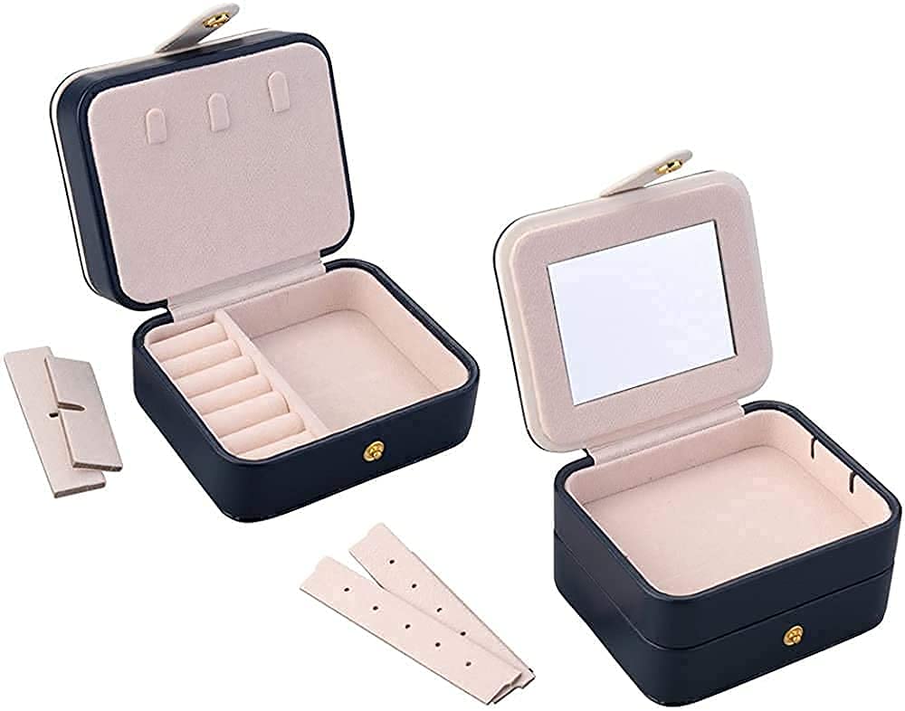 2 Tier with Mirror for Earrings Necklace Jewelry Bracelet Organizer Jewellery Storage Box (White) (Darkblue)