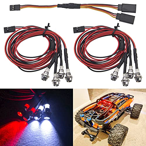 2Pack Hircqoo 4Led Rc Car Led Light Headlights Taillight Lighting With Jr Y Cable Compatible With Traxxas Hsp Tamiya Redcat Rc4Wd Axial Hpi Kyosho Arrma 1/8 1/10 1/12 Rc Car,2Red & 2White (3Mm Leds) #TOP6