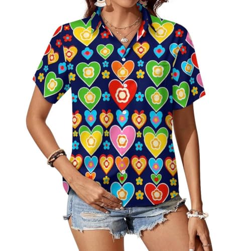 Skin-Friendly Women's Button Up Shirt Classic Collar Loose Fit for Work Versatile Shirt Folk Art Heart Flower Navy Pattern XS