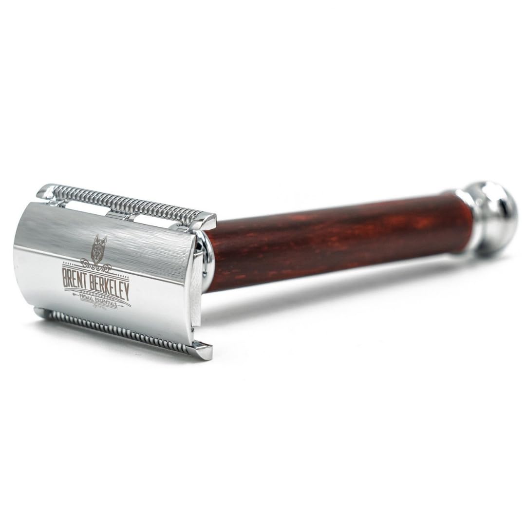 Brent Berkeley The Original Safety Razor para Hombres - Maquinilla de afeitar de seguridad - Latón - Madera de sándalo - Afeitado duradero - Maquinilla de doble filo - Reduce bultos e irritación.