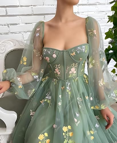 Image of Women's Puffy Sleeve Prom Dresses Fair Flower Embroidery Tulle Green Formal Evening Party Gowns