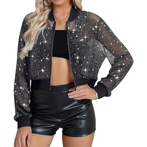 Nlife Women Sheer Mesh Sparkly Crop Bomber Jacket See Thru Glitter Rave Festival Clubwear Night Out Party Concert Outfit
