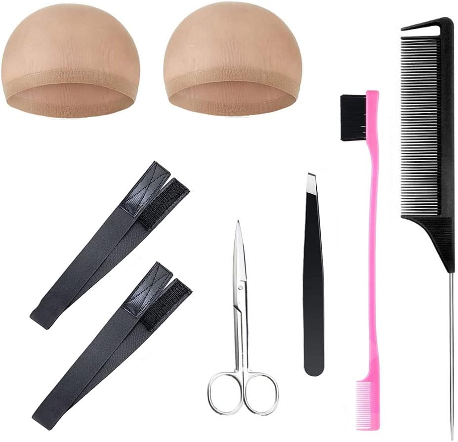 Brkmolfe8 Pieces Wig install kit Edge Laying Scarf 2 x Elastic Melt Band, Edge Brush, Eyebrow Tweezers, Hair Cutting Scissors, 2 x Wig Caps, Pintail Comb for Women Lace Frontal Wigs