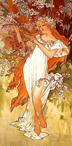 Affiche d'Alphonse Mucha Printemps - Toile vintage 50x100cm pour décoration murale