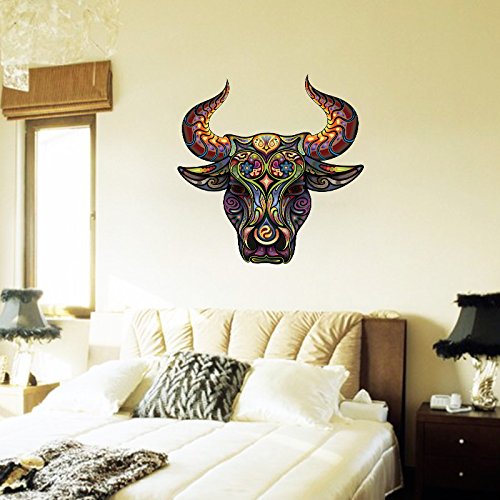 Pinenjoy Bohemian Bull Head Wall Decal Colorful Mandala Flower Pattern Wall Sticker 29.9X31.5Inch Removable Vinyl Animal Wall Decoration For Home Bedroom Living Room Office Restaurant #TOP7