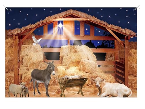 Zliisang 7X5FT Nativity Manger Scene Backdrop Straw Hay Cow Sheep Farmhouse Background Nativity of Jesus Hayloft Bethlehem Backdrop Old Wooden Barn Stable Christian Photo Props Party Decorations