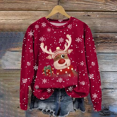 Daygeve Blusa feminina de Natal 2024 Feliz Suéter feminino fofo de Natal, Vinho, M