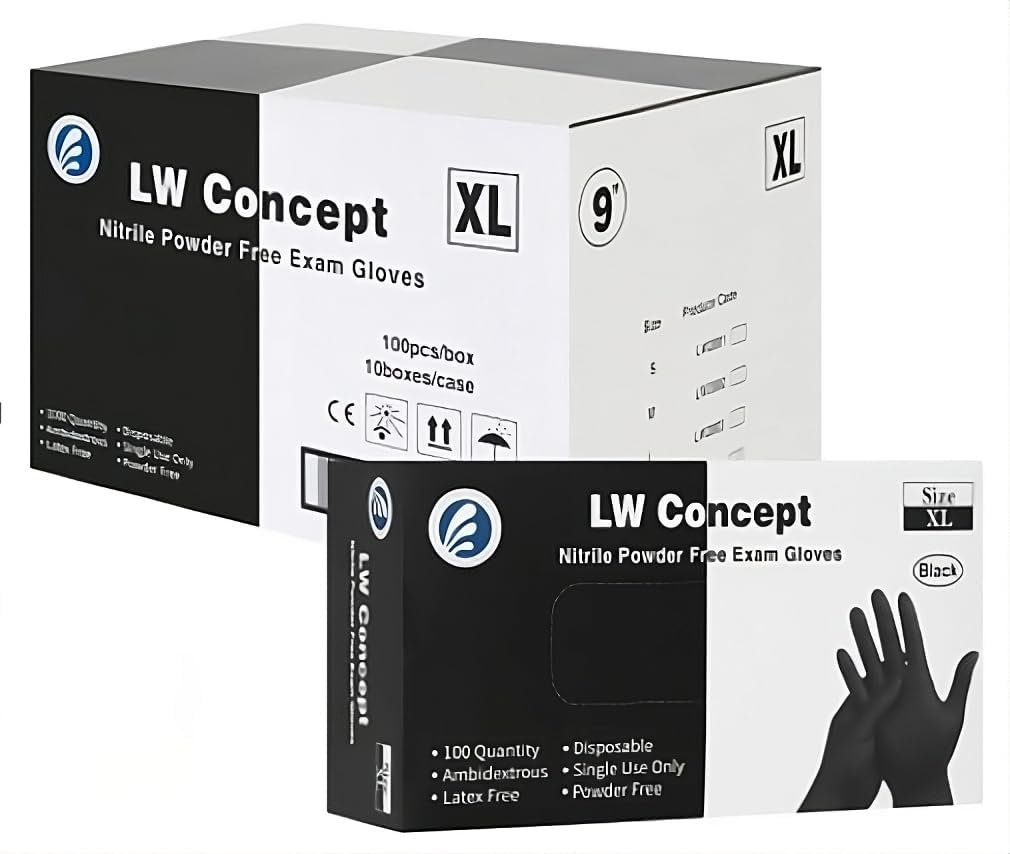 LW Concept - Black Nitrile Examination Gloves - Latex & Powder-Free, Disposable, Strong, Healthcare, Food Handling (Medium)