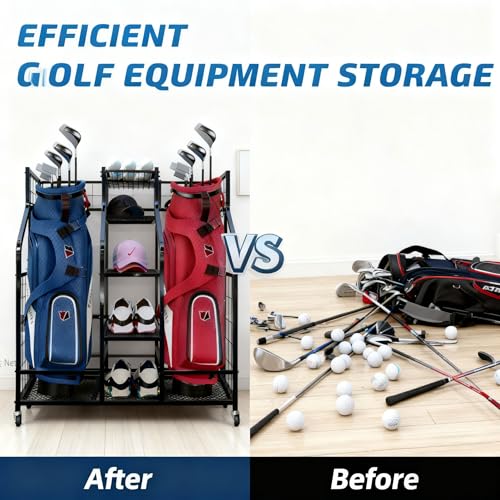 Golf-Bag-Storage-Organizer-Stand-with-Wheels-Heavy-Duty-Steel-Rack-Holds-2-Golf-Bags-with-Central-Storage-Shelf-for-Golf-Balls-Shoes-Accessories-Space-Saving-Garage-Golf-Club-Equipment-Holder