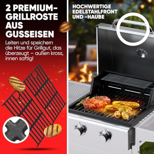Bild 1 - ProfiCook® Gasgrill für Temperaturen bis zu 350°C | Grillroste aus echtem Gusseisen | für Balkon | inkl. Gasdruckminderer und Schlauch | 2 Brenner | klein | 2 Ablagen | PC GG 1309 silber