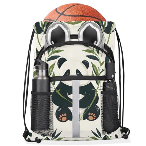 Panda Bear Drawstring Backpack Waterproof String Bag Sackpack Green Plants Cinch Sack for Traveling Gym Sports with Mesh Pockets3