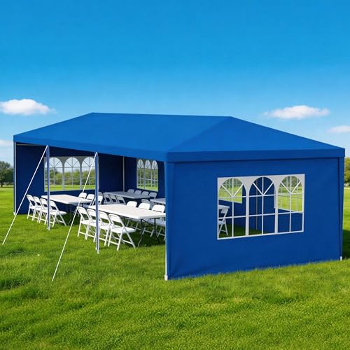 Image of 10'x 30' Outdoor Canopy Tents with 5Detachable Sidewalls, Blue Patio Gazebo Tents,Shade Shelters for Birthday, Events, Party,Wedding, Gatherings and Patio