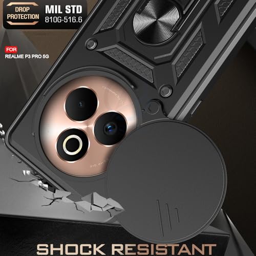 Image of AESTMO Tough Armor Realme P3 Pro 5G Bumper Back Case Cover | Ring Holder & Sliding Camera Shield Cover | 360 Degree Protection Back Case Cover for Realme P3 Pro 5G (Black)