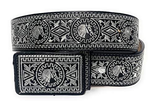 Men's Western Silver Embroidered Cowboy Rodeo Belt, Authentic Cinto Charro Plateado Vaquero Belt (36, Black)