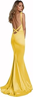 Women's Backless Mermaid Prom Dresses Satin Spaghetti Straps Formal Evening Party Gowns V Neck Gold