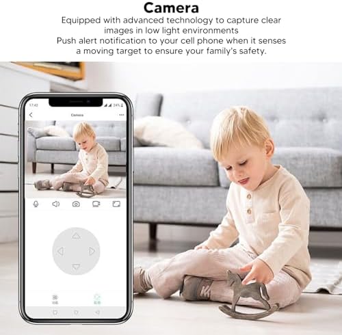 Smartphone screen displaying the camera's live feed with control options, next to a child playing