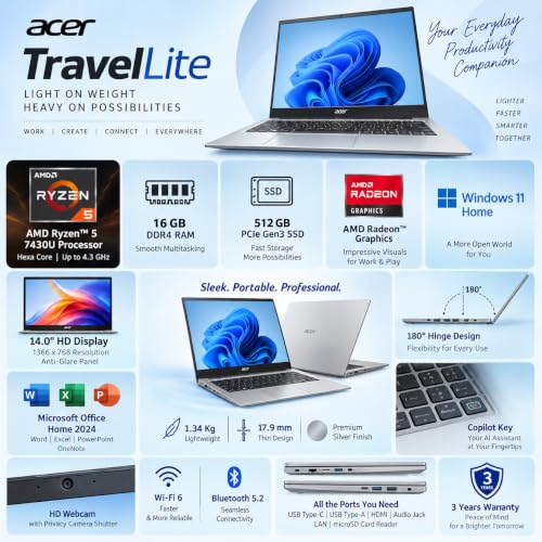 Image of Acer Travel Lite (2026) AMD Ryzen 5 Hexa Core 7430U - (16 GB /512 GB SSD /AMD Radeon Graphics /Windows 11 Home) Thin & Light Laptop /14.0 inch HD Display /Silver /Copilot Key /1.34 Kg /MSO 2024 /3 Years Warranty