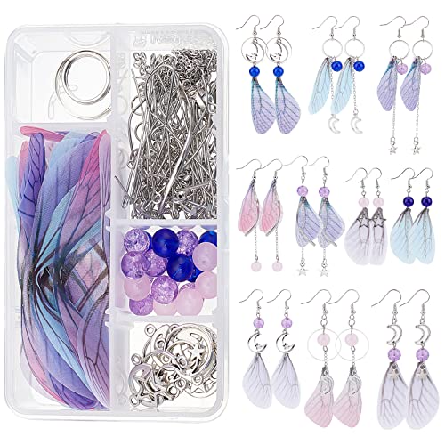 SUNNYCLUE 1 Box DIY 10 Pairs Butterfly Dragonfly Wing Earring Making Kits Moon Star Charms Fabric Wings Decoration & Glass Beads with Jump Rings for Handmade Earrings Beginner Mixed Color