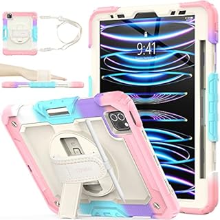 SEYMAC stock iPad Pro 11 Case for Girls, Full Body Protective Case with Screen Protector Pencil Holder [360 Rotating Hand Strap] & Stand for iPad Pro 11 Inch 2022/2021/2020/2018 (Camo+Pink)