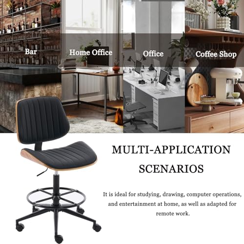Image of Drafting Home Office Chair, Swivel Desk Chair with Bend Wood Backrest, Ergonomic Office Chairs with Adjustable Height and Footrest Ring for Bar Lab Counter Height Desk and Drawing (Blcak)